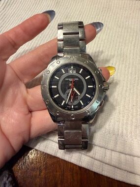 Raymond Weil Men's Silver Stainless Steel Watch with Black Dial and Red Accents